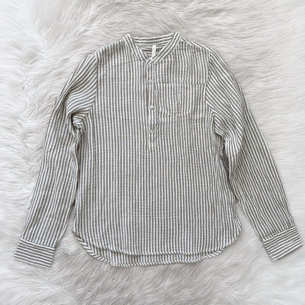 Rylee + Cru White Olive Green Sage Cotton Gauzy Crepe Long Sleeve Mason Shirt